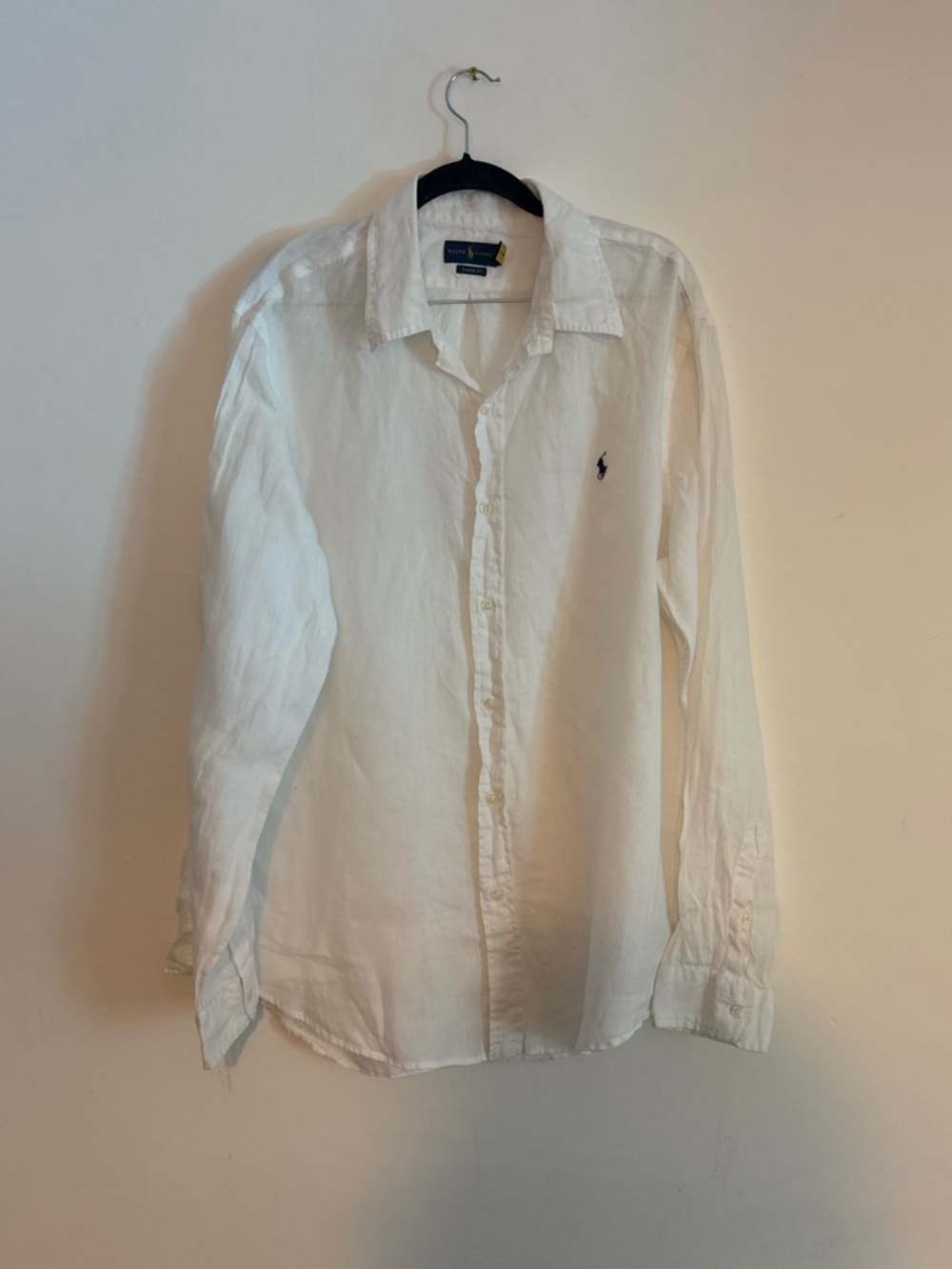 Ralph Lauren White Linen Button-Down Shirt with Navy Logo